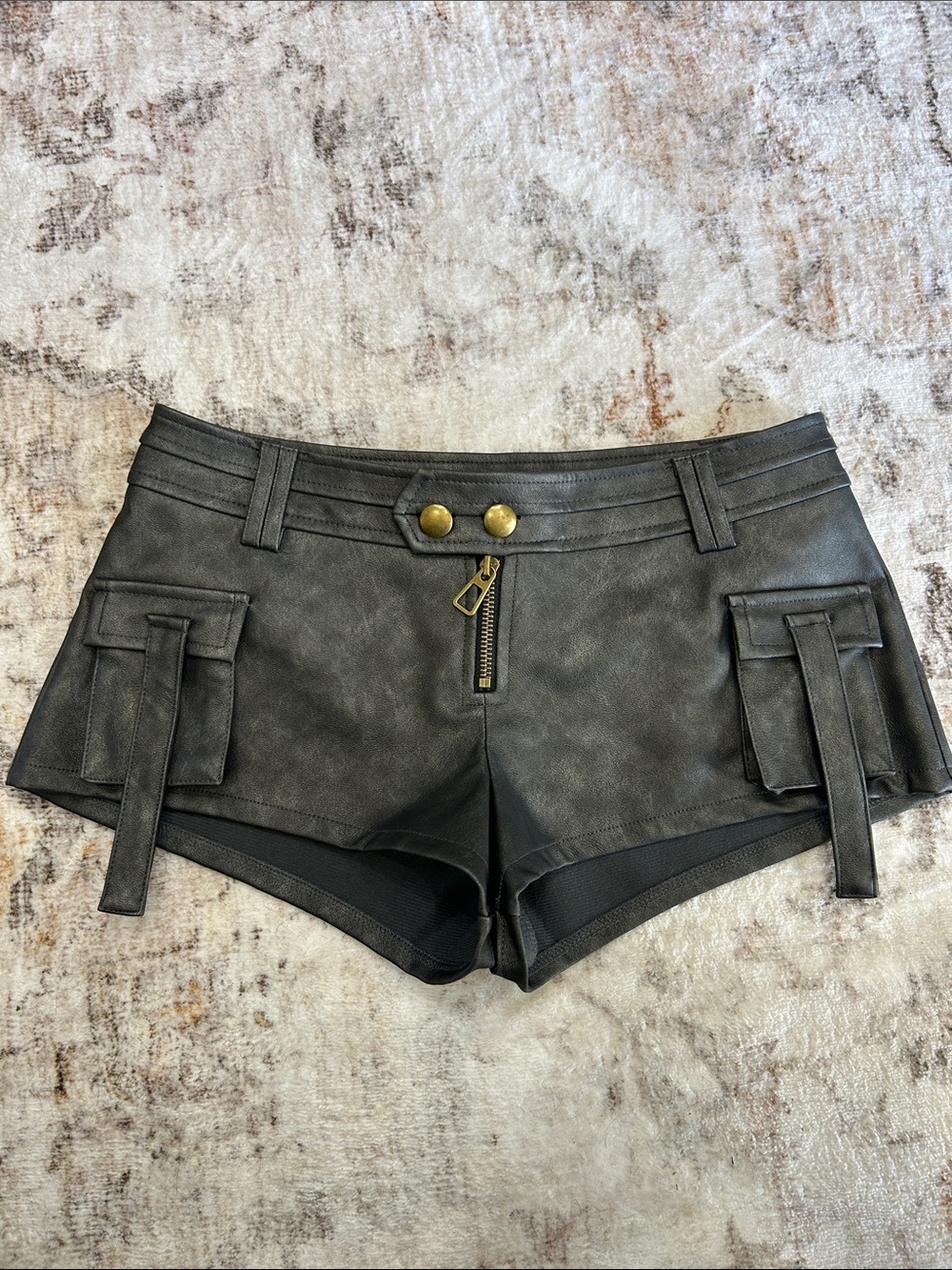 Dark gray Faux Leather Cargo-Detail Women’s micro shorts